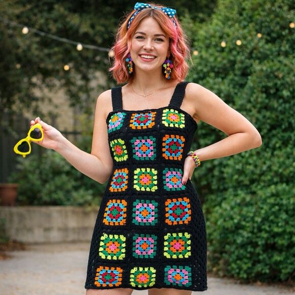 Dresses & Skirts - Emma & Posh Crochet Granny Squares Pencil Dress Womens Large Black Square Neck